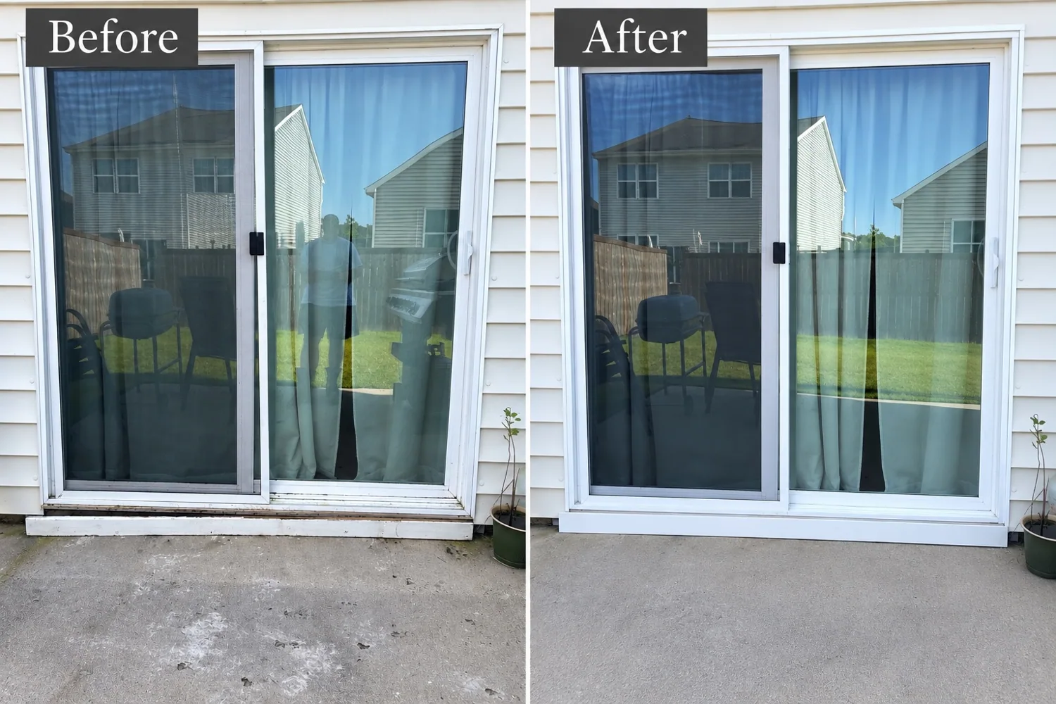 Sliding glass door lower exterior trim before and after replacement